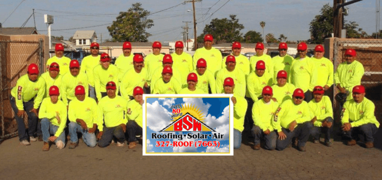 The full BSW crew lined up in the yard in their yellow shirts and red caps
